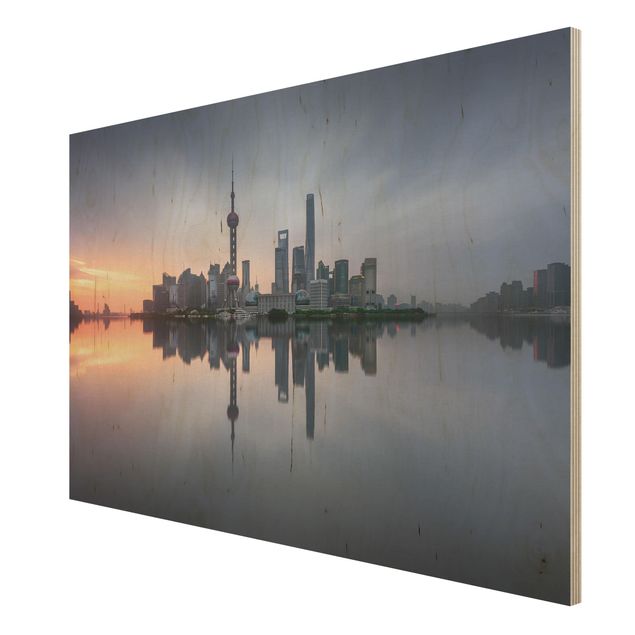 Tableaux bois Silhouette urbaine de Shanghai le matin