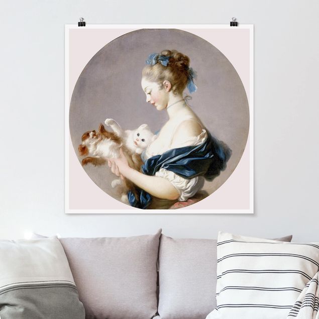 Tableau chien Jean Honoré Fragonard - Fille jouant avec un chien et un chat