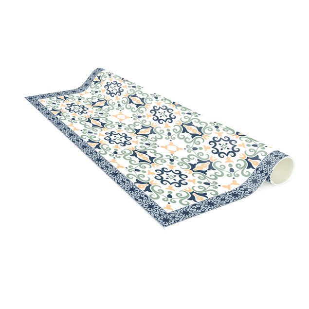 tapis effet carreaux de ciment Carreaux floraux bleu jaunâtre avec bordure