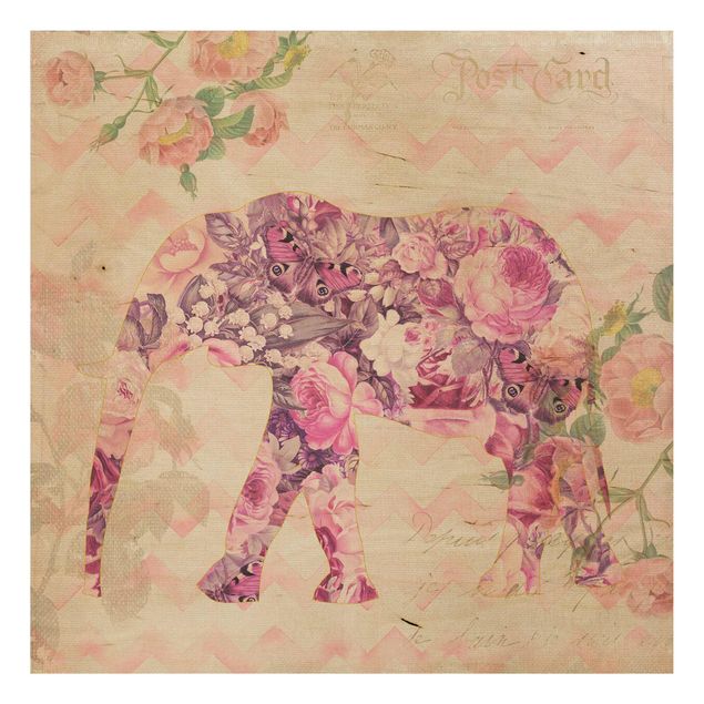 Tableaux en bois avec fleurs Collage vintage - Fleurs roses éléphant