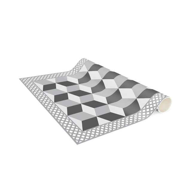 tapis longs Carreaux géométriques Illusion d'escaliers en gris avec bordure