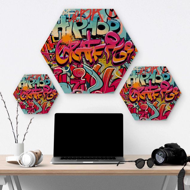 Hexagone en bois - Hip Hop Graffiti
