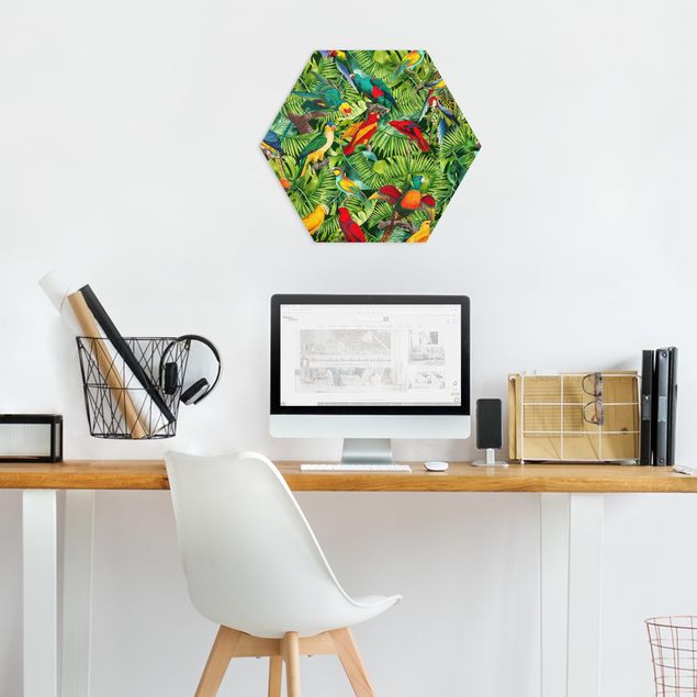 Tableau moderne Collage coloré - Perroquets dans la jungle