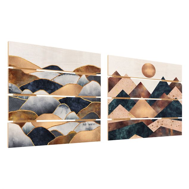 Impression sur bois - Geometric & Golden Mountains Watercolour