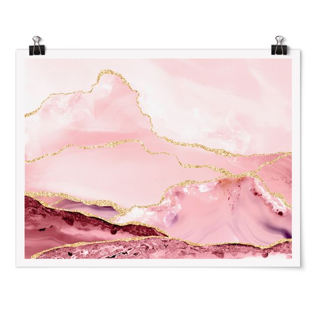 Tableau art abstrait Montagnes abstraites roses avec lignes dorées
