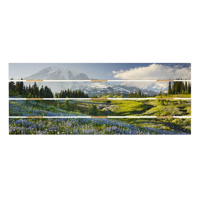 Tableaux de Rainer Mirau Mountain Meadow With Blue Flowers in Front of Mt. Rainier