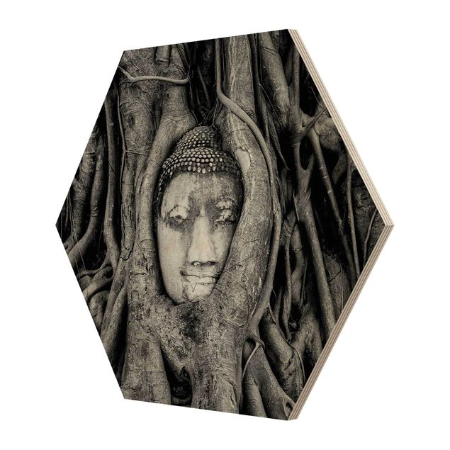 Hexagone en bois - Buddha In Ayutthaya Lined From Tree Roots In Black And White