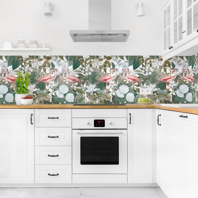 Fond de hotte verre Flamants roses avec feuilles et fleurs blanches II
