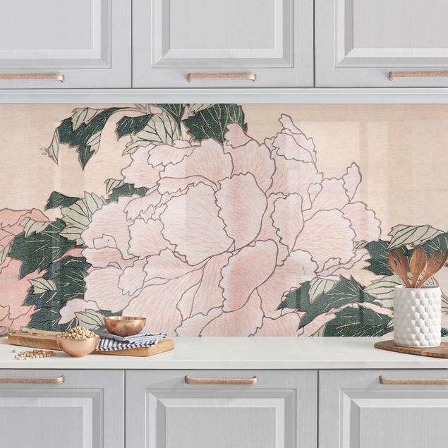 Déco murale cuisine Katsushika Hokusai - Pivoines roses avec papillon
