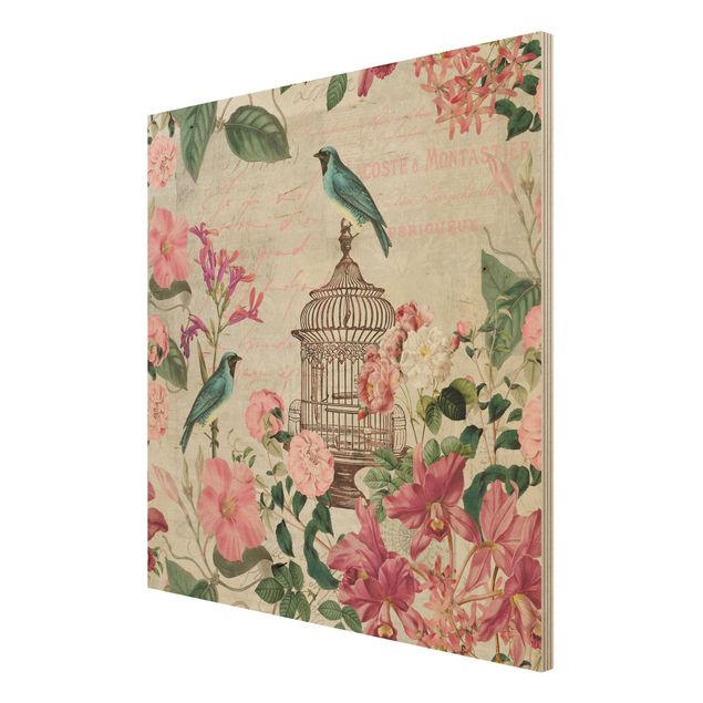 Tableau vintage bois Collage Shabby Chic - Fleurs roses et oiseaux bleus