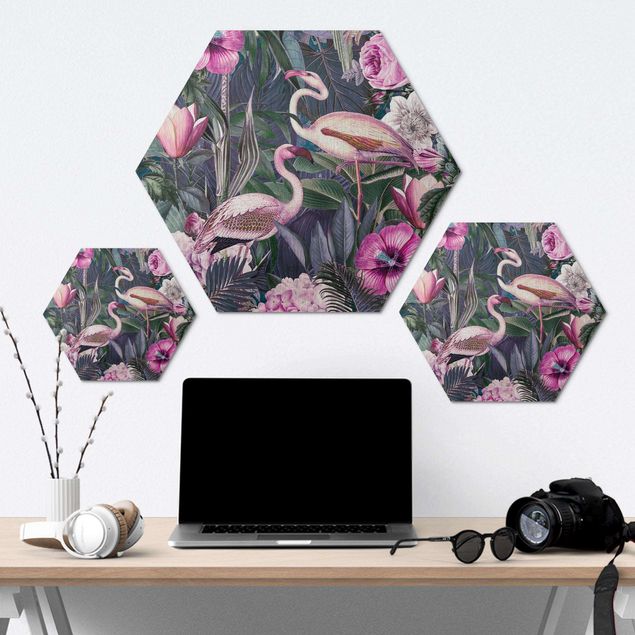 Tableau hexagon Collage coloré - Flamants roses dans la jungle