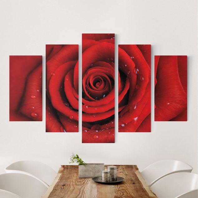 Impression sur toile 5 parties - Red Rose With Water Drops