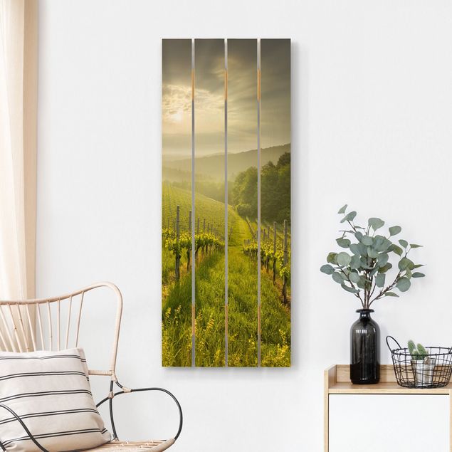 Tableaux en bois avec paysage Vignoble de rayons de soleil