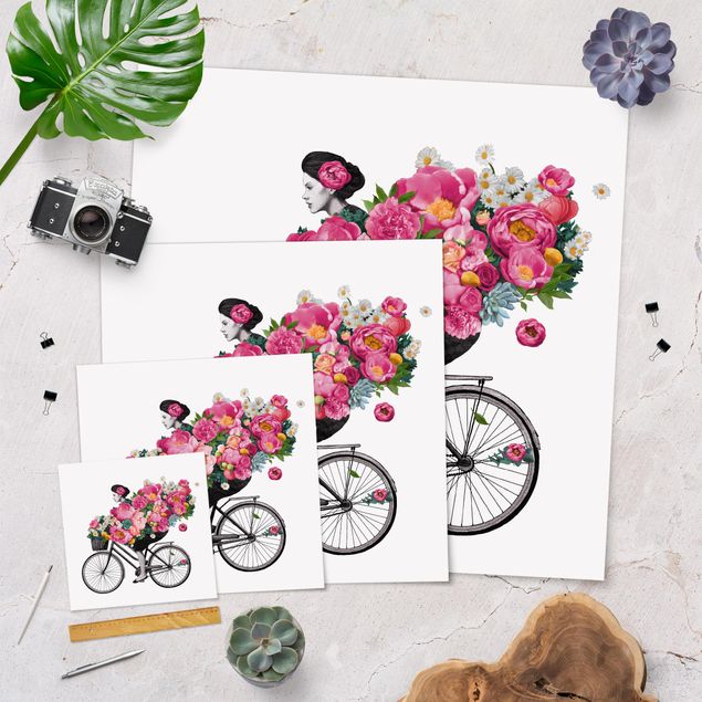 Affiche déco Illustration Femme à Bicyclette Collage Fleurs Colorées