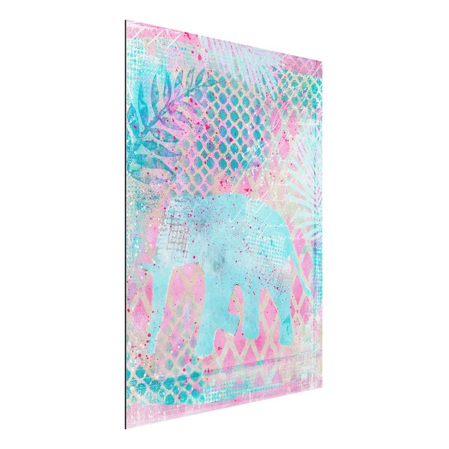 Déco mur cuisine Collage coloré - Eléphant en bleu et rose