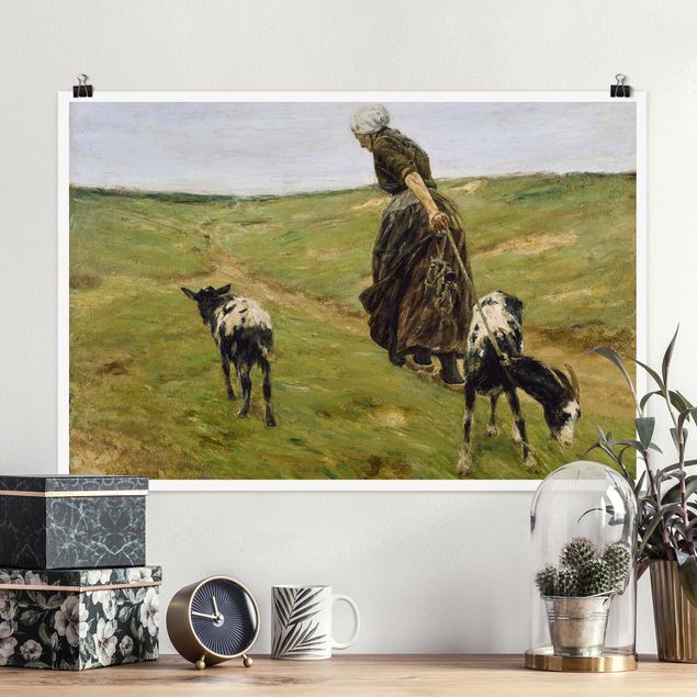 Déco mur cuisine Femme avec des chèvres dans les dunes