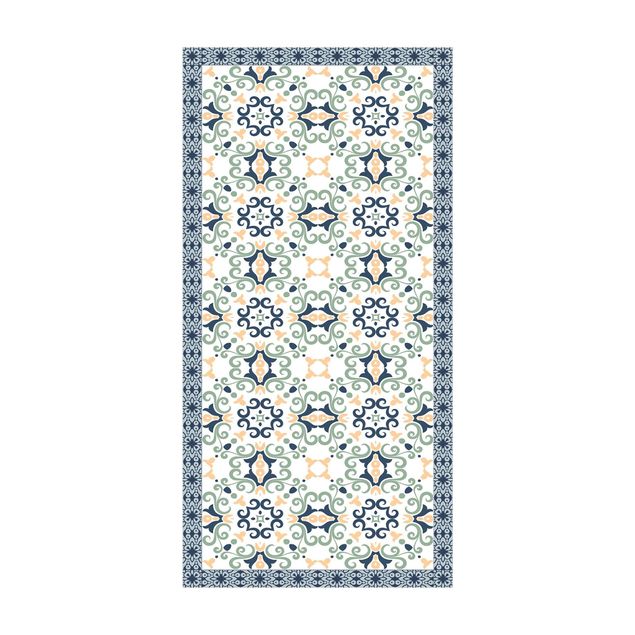 tapis imitation carreaux de ciment Carreaux floraux bleu jaunâtre avec bordure
