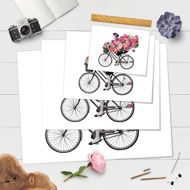 Affiche déco Illustration Femme à Bicyclette Collage Fleurs Colorées