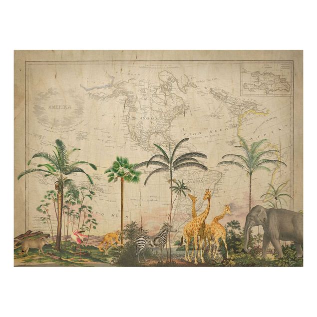 Tableaux en bois avec fleurs Collage Vintage - Faune et flore sur carte du monde