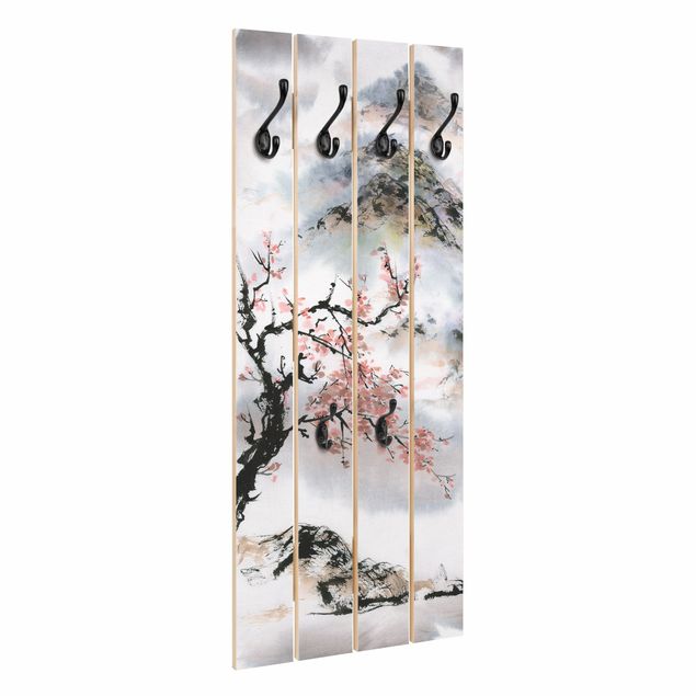 Patère porte manteaux Dessin aquarelle japonais Cerisier et montagnes