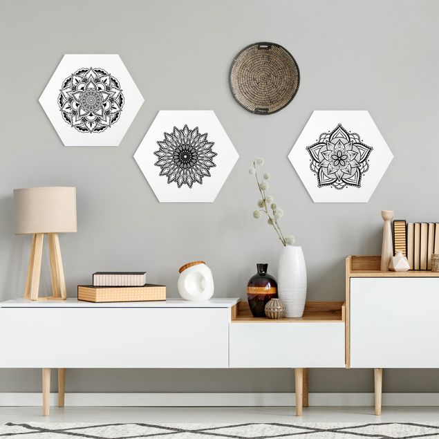 Tableaux moderne Mandala Flower Sun Illustration Set Black And White