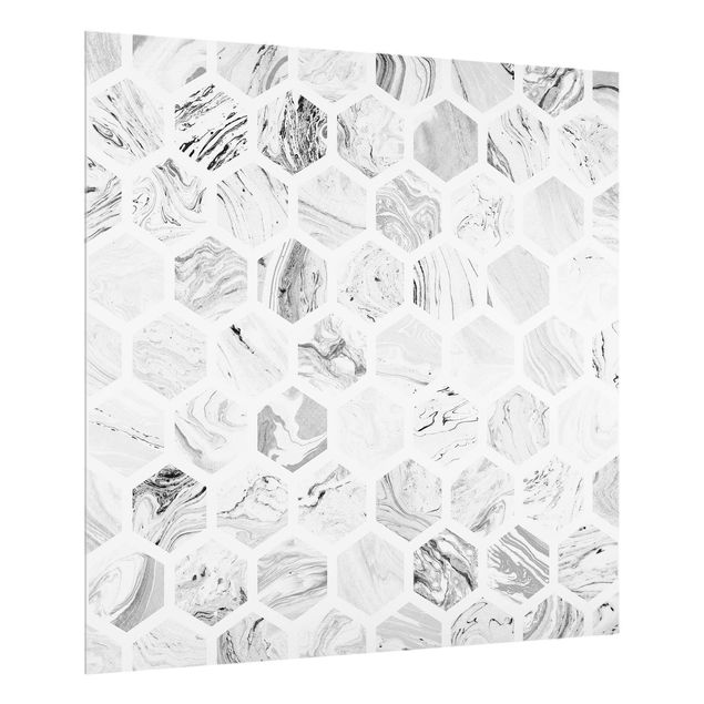 Fond de hotte pierre Hexagones de marbre en grisaille