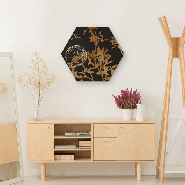 Tableaux en bois avec fleurs Feuilles d'or sur moka II