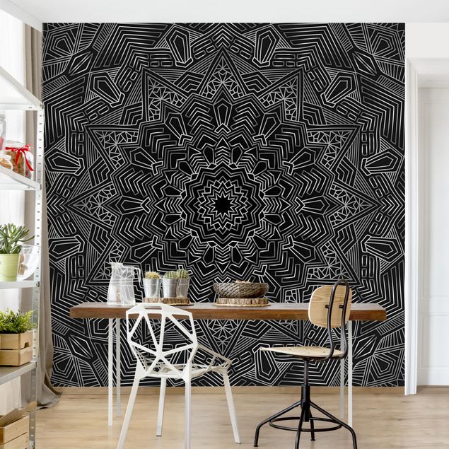 Déco murale cuisine Mandala Étoile Motif Argent Noir