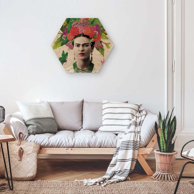Tableaux en bois avec fleurs Frida Kahlo - Portrait de fleurs