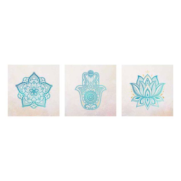 Tableaux dessins Mandala La main de Fatma Lotus Illustration Or Bleu