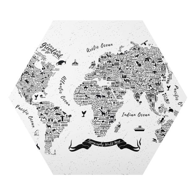Tableaux noir et blanc Typographie Carte du Monde Blanche