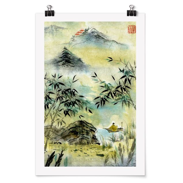 Tableau montagnes Dessin Aquarelle Japonaise Forêt de Bambous