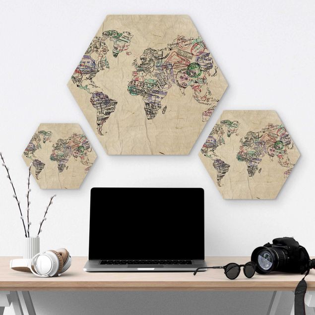 Hexagone en bois - Passport Stamp World Map