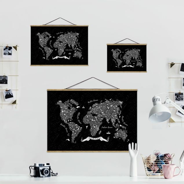 Tableau décoration Typographie Carte du Monde Noir