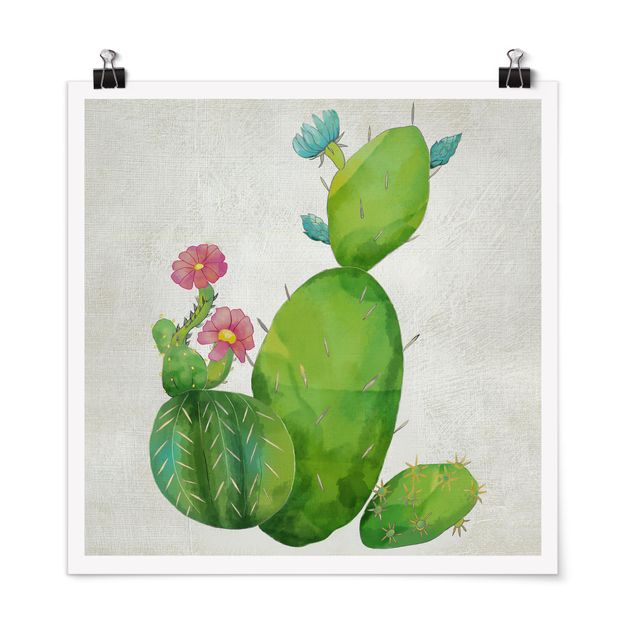 Tableaux fleurs Famille de cactus en rose et turquoise