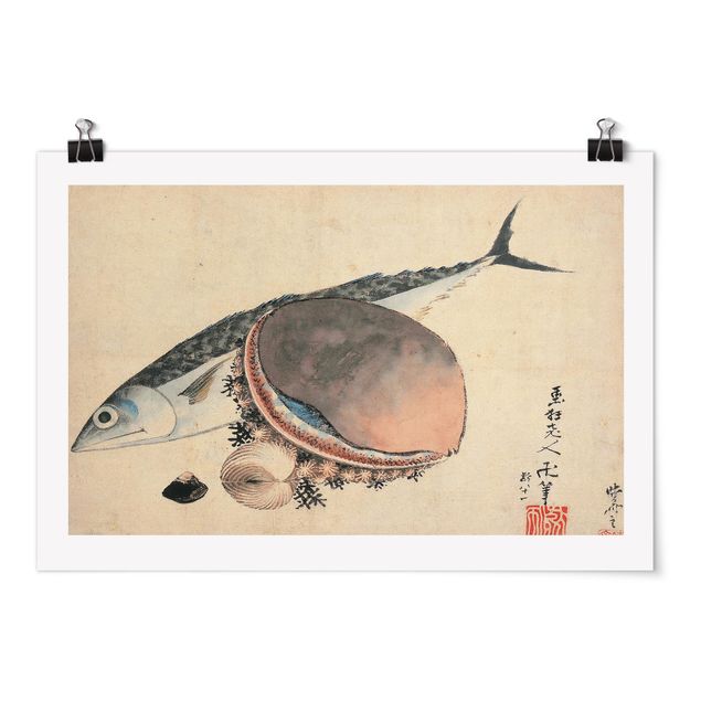 Nature morte tableau Katsushika Hokusai - Maquereau et coquillages