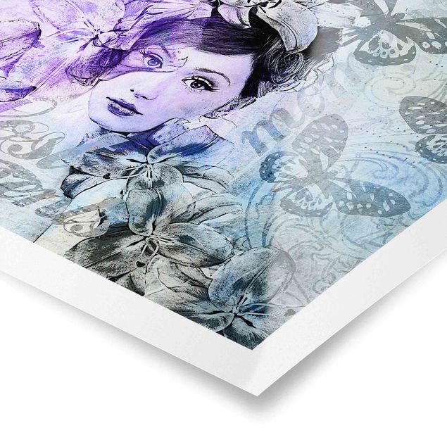 Tableaux lilas Collage Shabby Chic - Portrait avec papillons