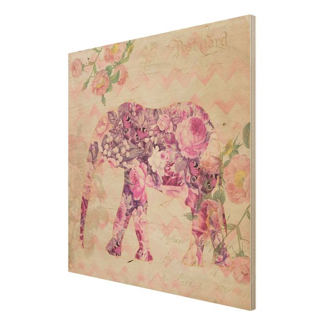 Tableau vintage bois Collage vintage - Fleurs roses éléphant