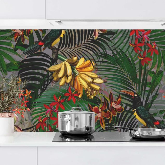 Déco murale cuisine Tropical Ferns With Tucan Green