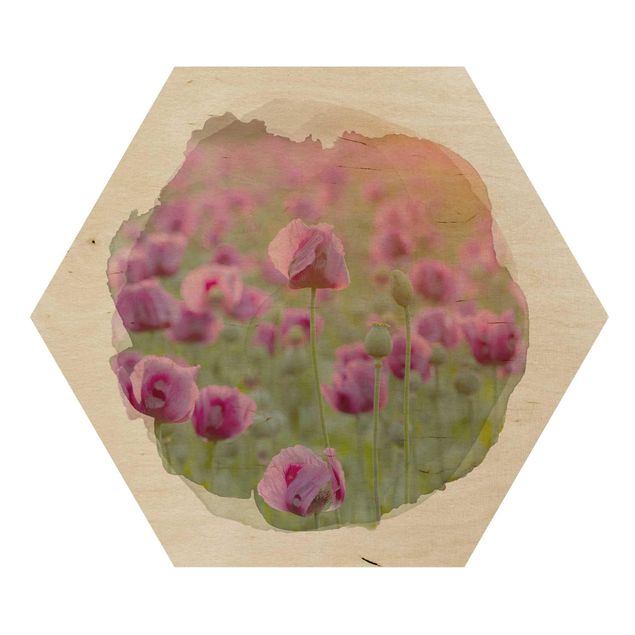 Tableaux en bois Aquarelles - Champ de coquelicots violets au printemps