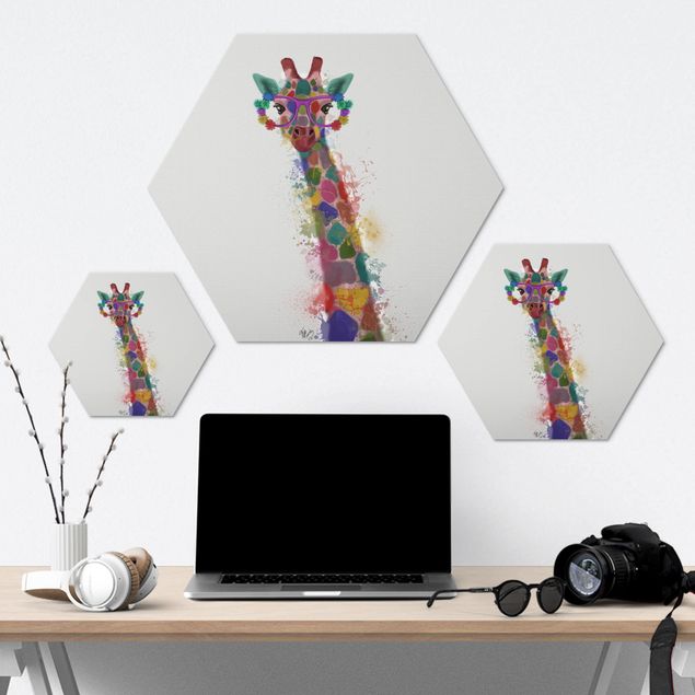 Hexagone en alu Dibond - Rainbow Splash Giraffe