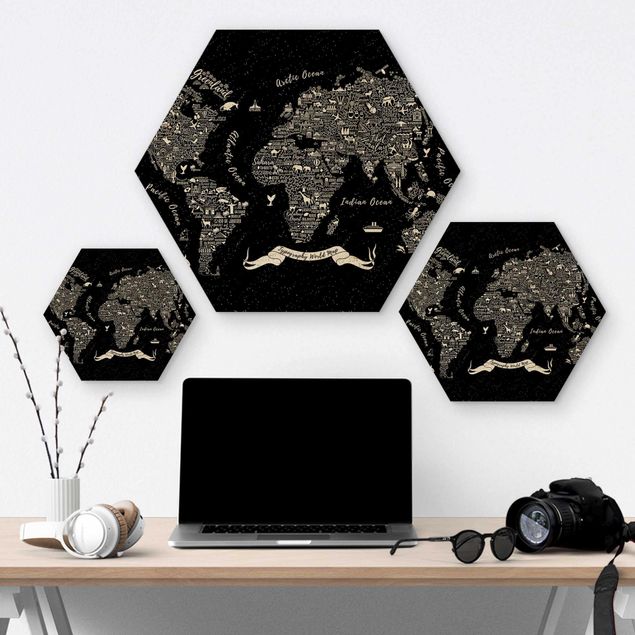 Hexagone en bois - Typography World Map Black