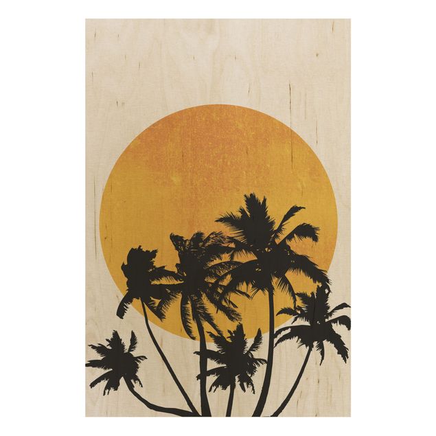 Tableaux en bois avec fleurs Palmiers devant un soleil doré
