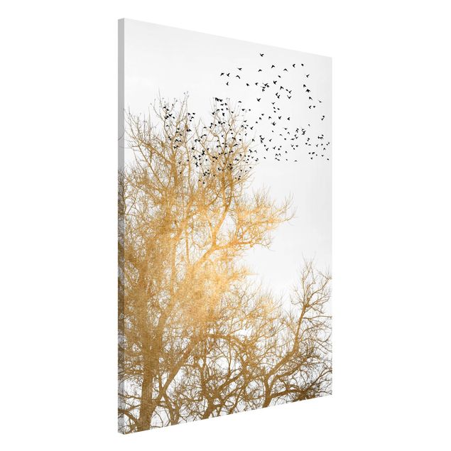Déco murale cuisine Foule d'oiseaux devant un arbre doré