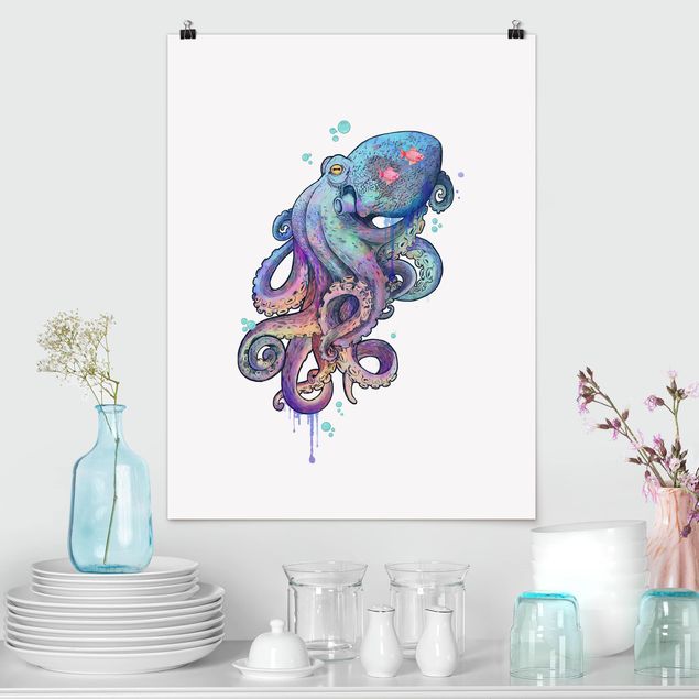 Déco mur cuisine Illustration Pieuvre Violet Turquoise Peinture