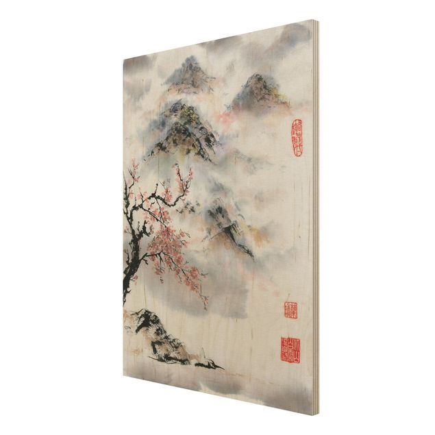 Tableaux en bois avec paysage Dessin aquarelle japonais Cerisier et montagnes