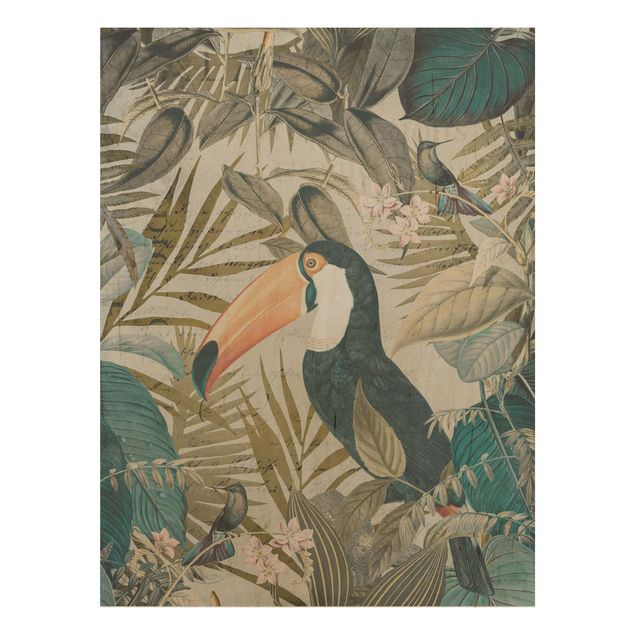 Tableaux en bois avec fleurs Collage vintage - Toucan dans la jungle