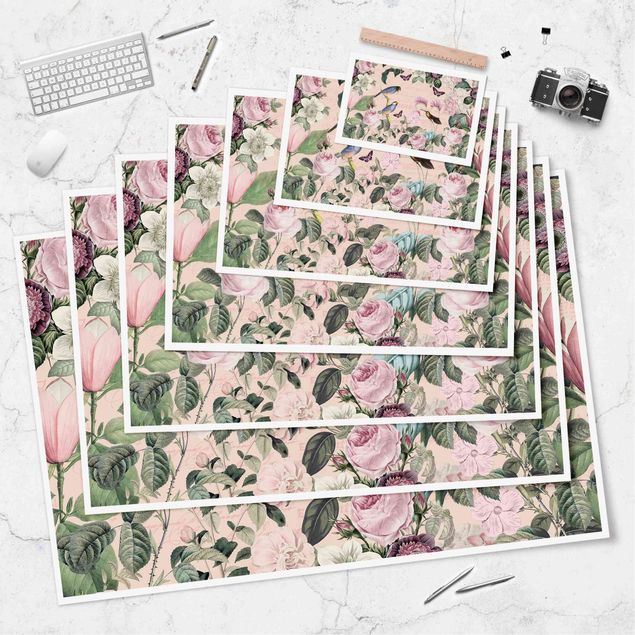 Tableaux Collage Vintage - Roses et Oiseaux