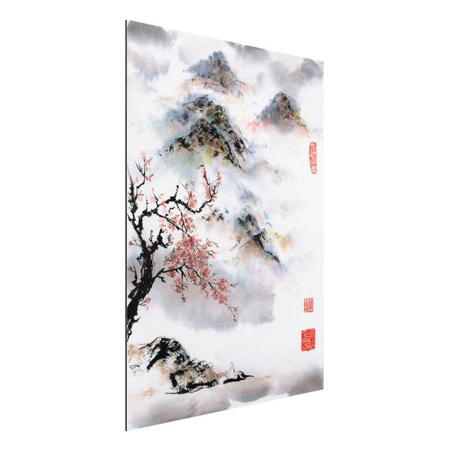 Déco mur cuisine Dessin aquarelle japonais Cerisier et montagnes