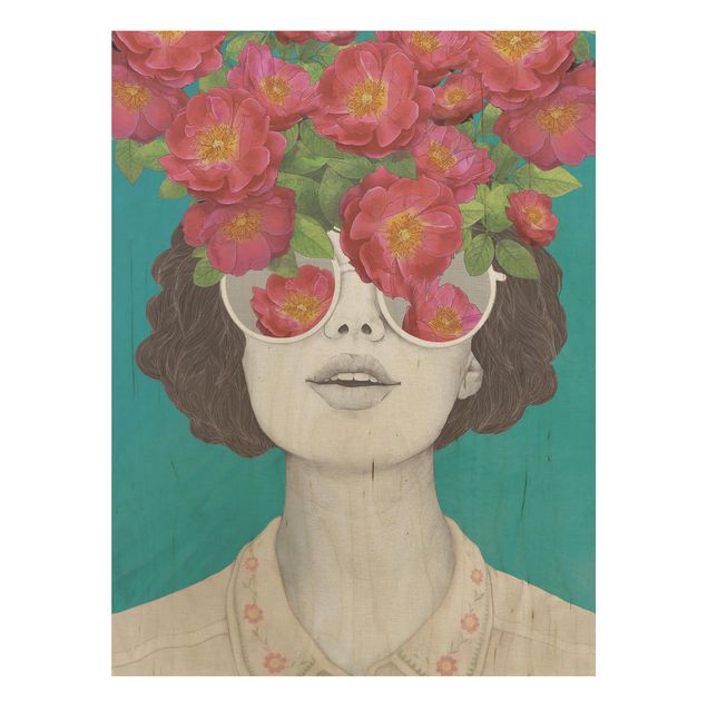 Tableaux Illustration Portrait Femme Collage avec Fleurs Lunettes